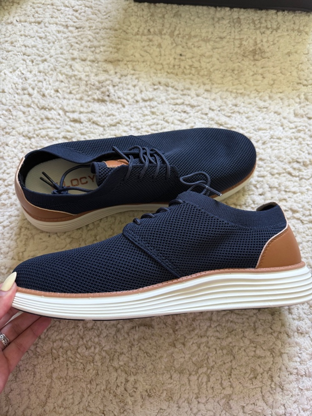 Vilocy Men’s Navy Knit Casual Sneakers with Brown Trim 9